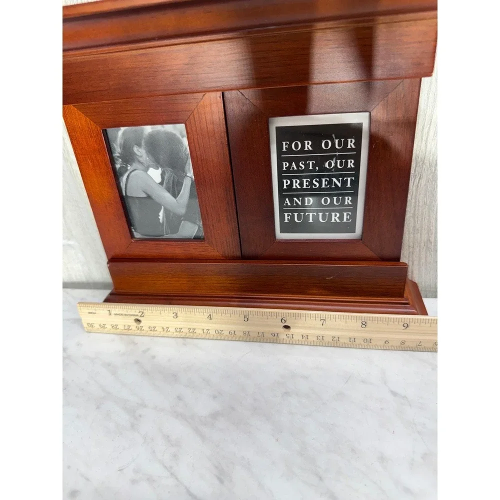 Wooden Sliding Door Triple Picture Frame Mantel Style Brown Cherry Finish